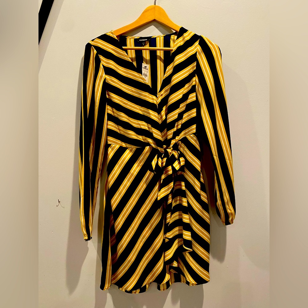 Express satin yellow and navy striped dress